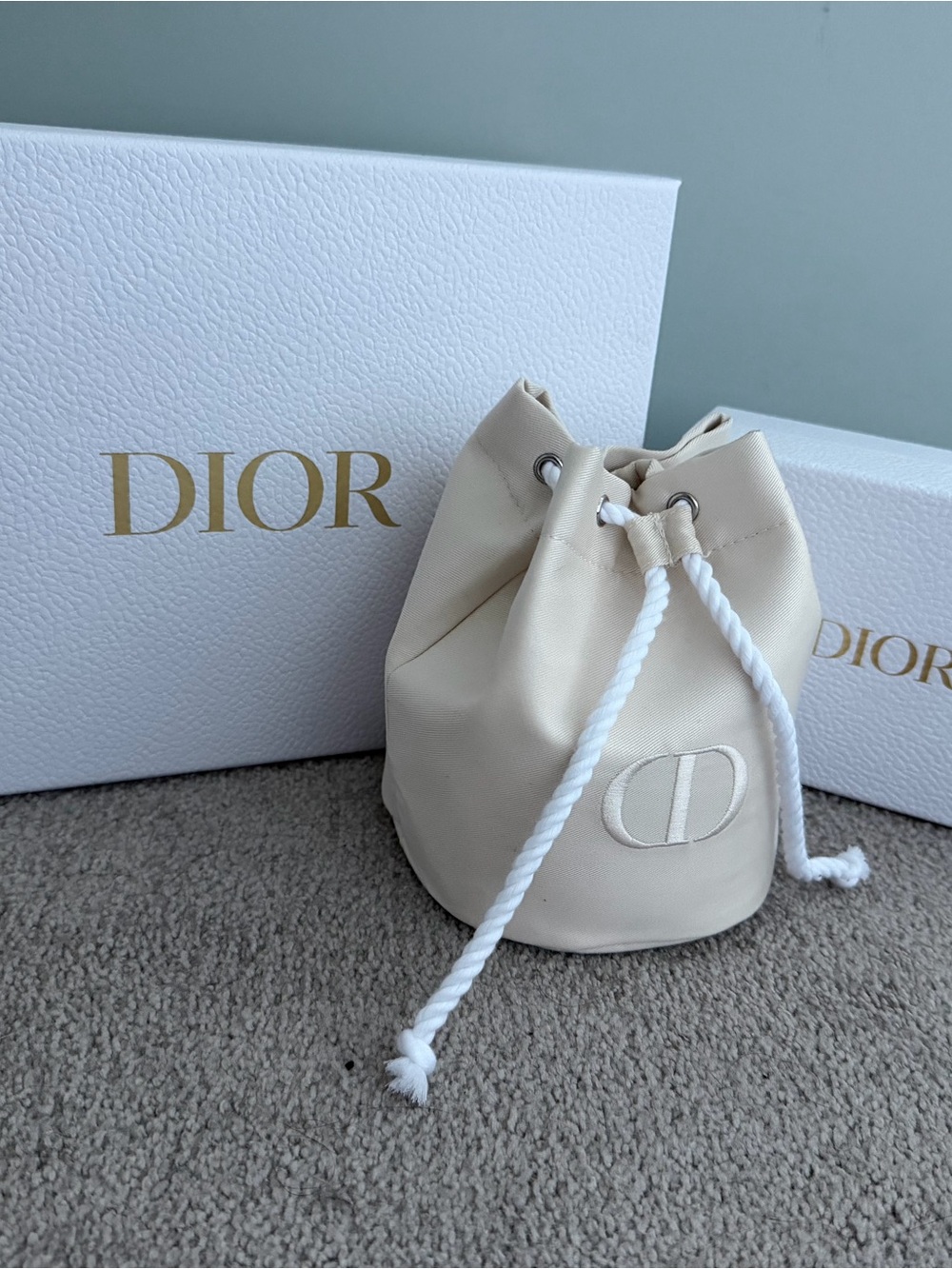 Dior Cream Canvas Drawstring Mini Bucket Bag with White Rope